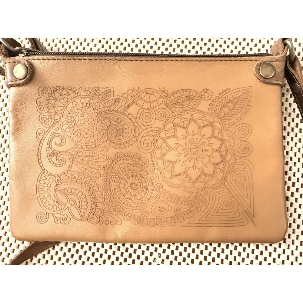Tooled Leather Crossbody Bag‎ Cognac Mandala Print Boho Hippie Gypsy Adjustable